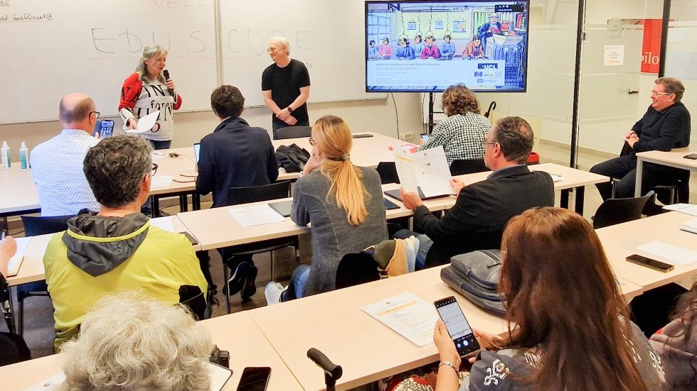 Prof. Wayne Holmes, IRCAI’s researcher, and prof. Susana Loshkovska from UKIM-FCSE, North Macedonia, at the session titled “How AI Can Be Used in Open Education”(8.10. 2024)